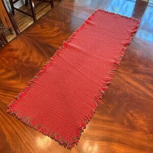 Vintage Original Homespun Weavers Christmas Table Runner Red Fringe 47" X 16"